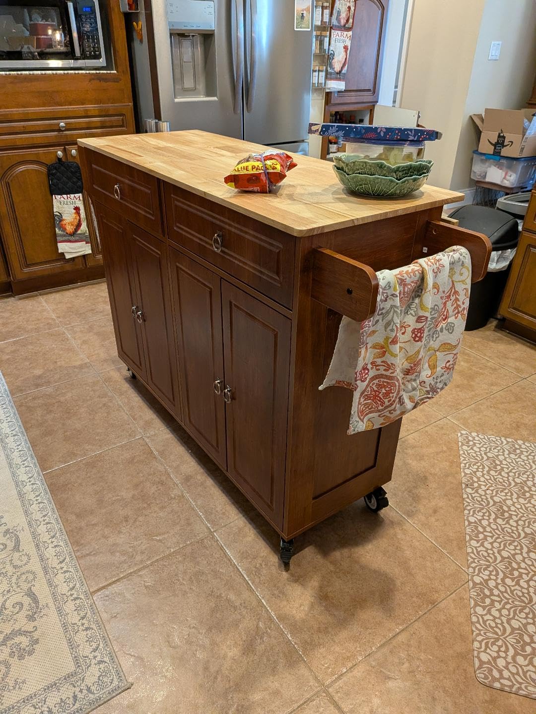 Qsun Kitchen Island with Drop Leaf and Storage, on Wheels Two Drawers, Large Storage Cabinet, Towel Rack Spice Cart Brown customer photo 2
