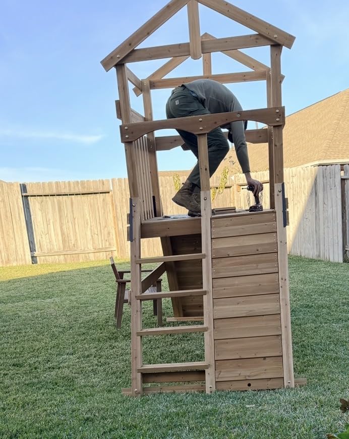Backyard Discovery Endeavor II Cedar Wood Swing Set with Wave Slide, Play Deck, Double Rock Wall, Picnic Table, Climbing Wall, Belt Swings, Web Swing, Toy Telescope, Step Ladder, Outdoor Playset customer photo 1