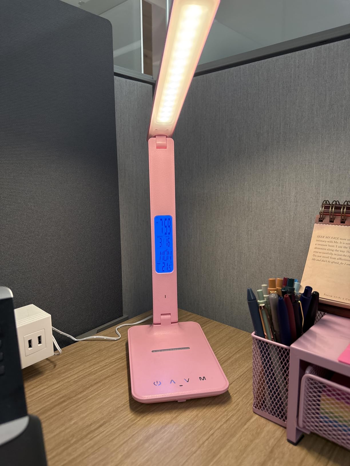 Desk Lamp with Wireless Charger, USB Charging Port, Dimmable Office Desk Light with Clock, Alarm, Date, Temperature, Foldable Lamp for Table Bedroom Bedside Office (White) customer photo 1