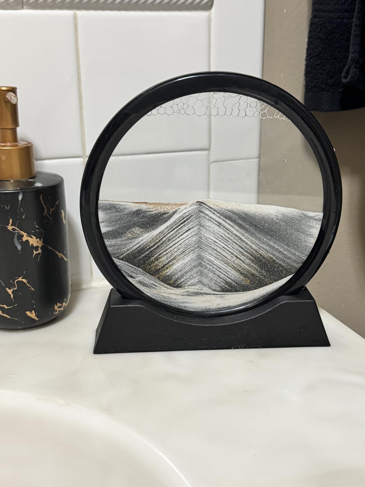 Moving Sand Art Picture - Sand Art Liquid Motion 3D Deep Sea Sandscape, Round Glass Frame Display Flowing Sand Relaxing Toy for Desktop Home Office Work Ocean Decor (Black, 7in) customer photo 1