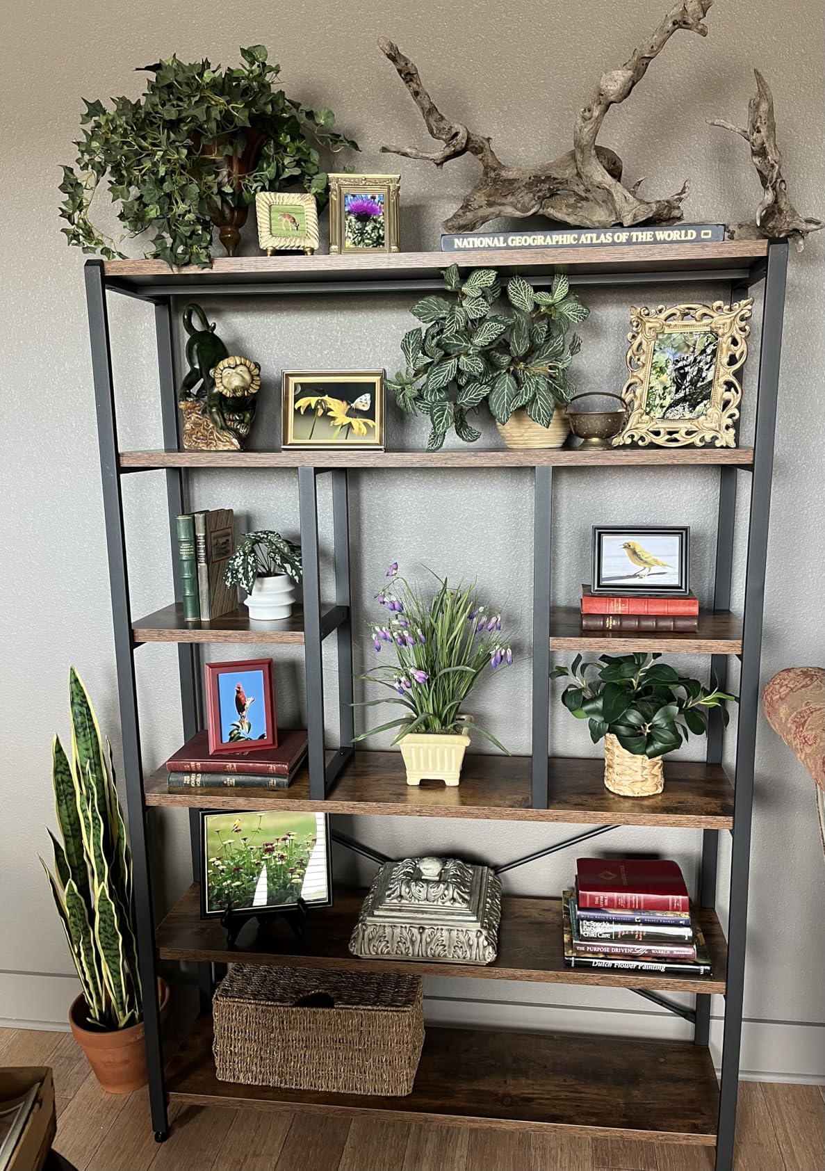 LVB Tall Industrial Etagere Bookcase, Modern Wood Large Open 6 Tier Bookshelf, Vintage Wide Metal Book Shelf Organizer, Farmhouse Book Shelves for Bedroom Living Room Home Office Storage, Rustic Oak customer photo 1