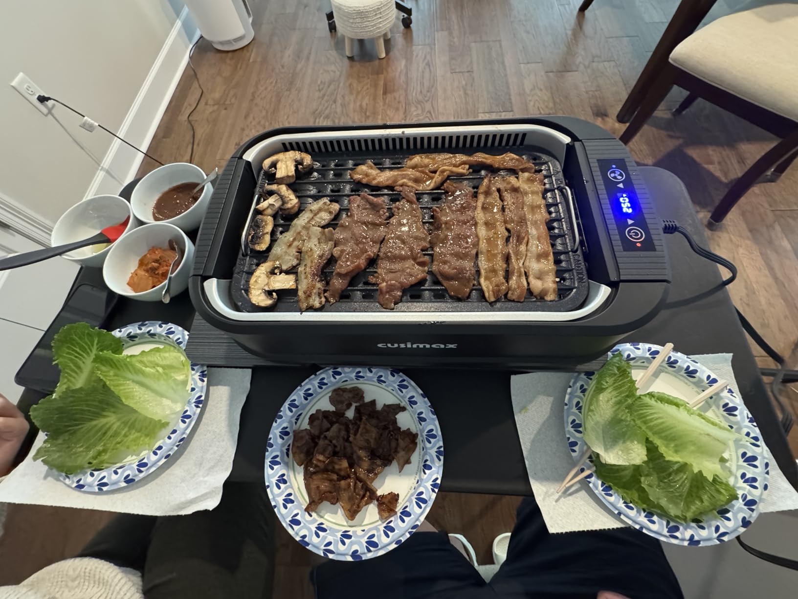 CUSIMAX Smokeless Grill Indoor, 1500W Electric Grill Griddle Korean BBQ with LED Smart Display & Tempered Glass Lid, Non-stick Removable Grill Plate & Griddle Plate, Black customer photo 1