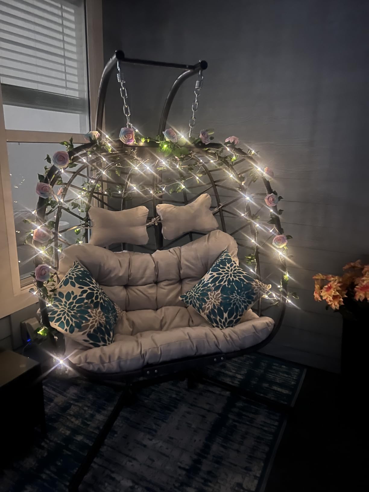 NICESOUL Double Swing Egg Chair with Stand, Extra Large 2 Person Indoor Outdoor Wicker Loveseat, Oversized Patio Hanging Basket Chair with Cushions, Cozy Sturdy Porch Swing for Backyard Balcony, Beige customer photo 2