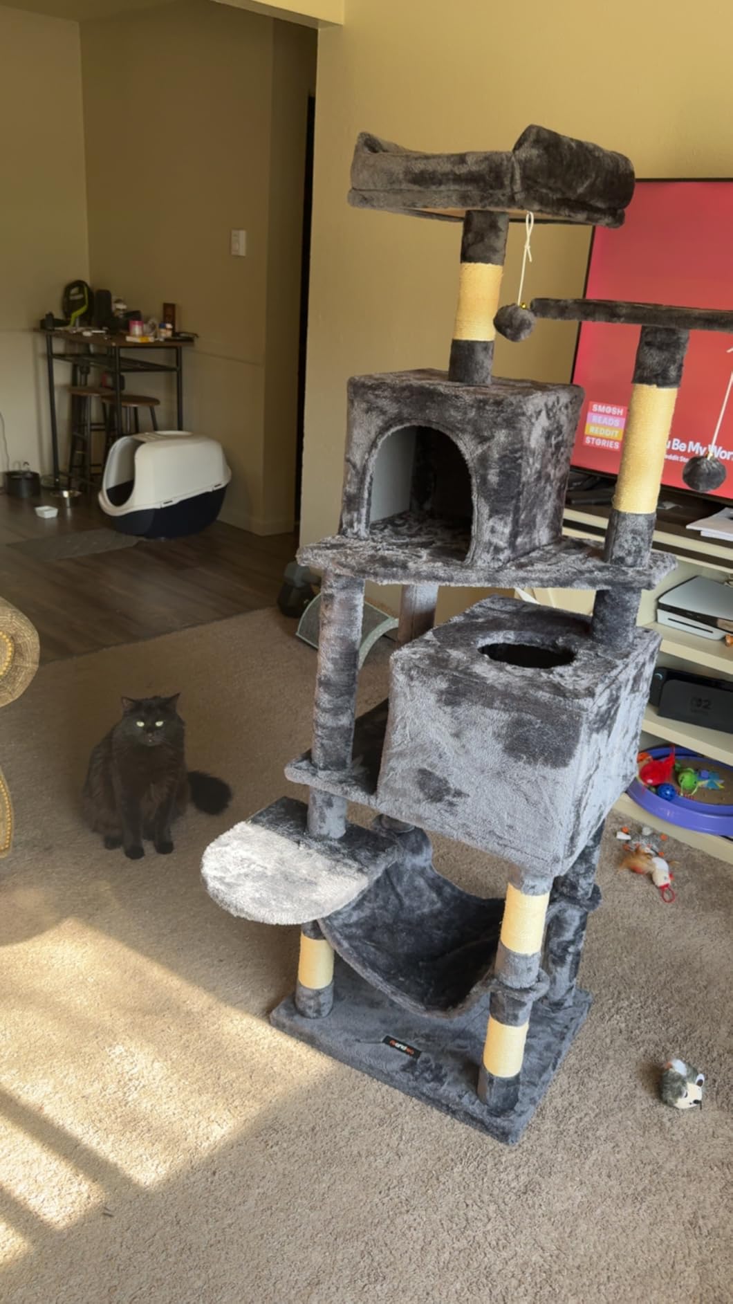 Feandrea Cat Tree, 59.5-Inch Tall Cat Tower, Plush Multi-Level Condo with 5 Scratching Posts, 2 Perches, 2 Caves, Hammock, 2 Pompoms, Light Gray UPCT192W01 customer photo 1