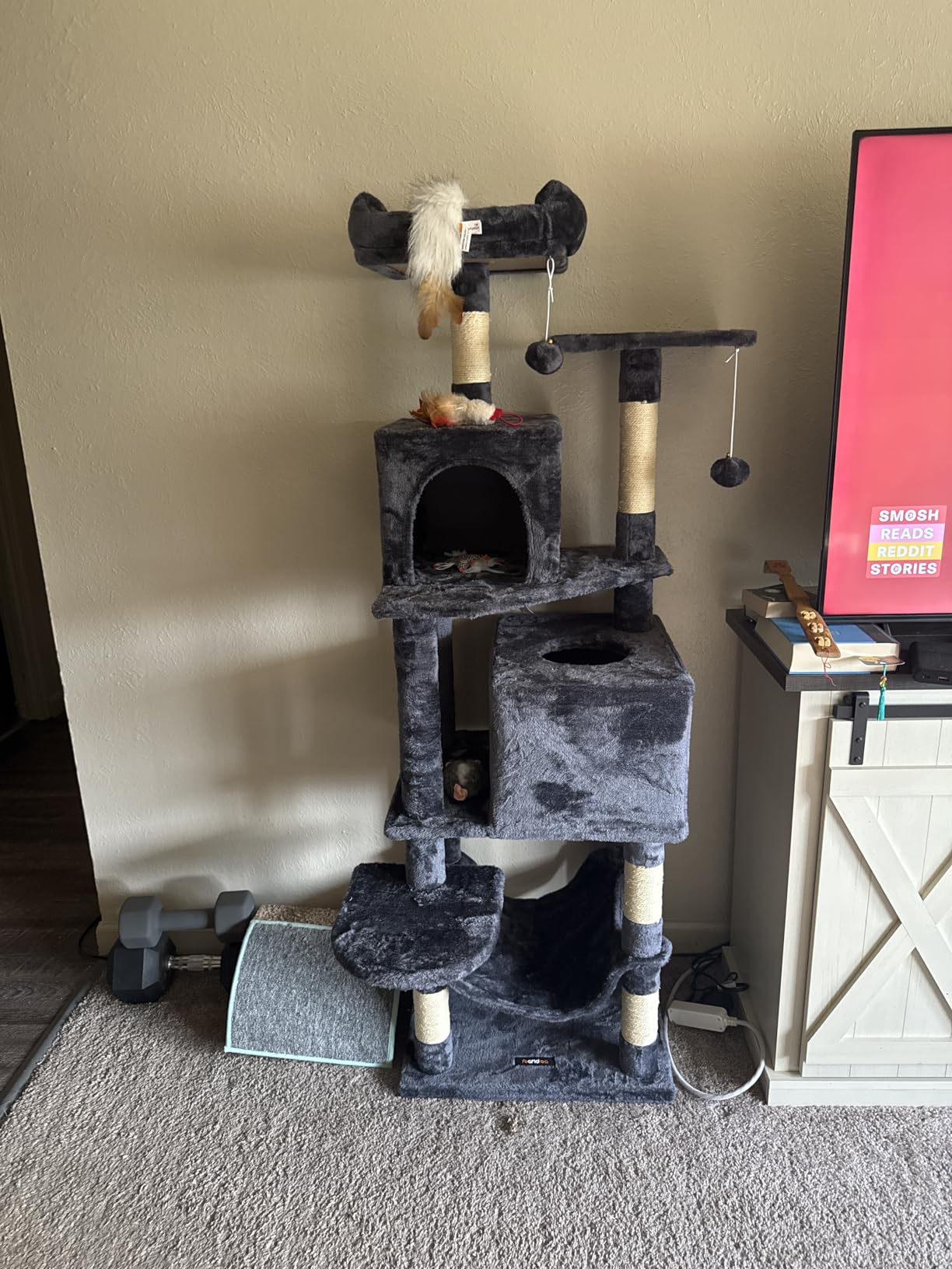 Feandrea Cat Tree, 59.5-Inch Tall Cat Tower, Plush Multi-Level Condo with 5 Scratching Posts, 2 Perches, 2 Caves, Hammock, 2 Pompoms, Light Gray UPCT192W01 customer photo 2