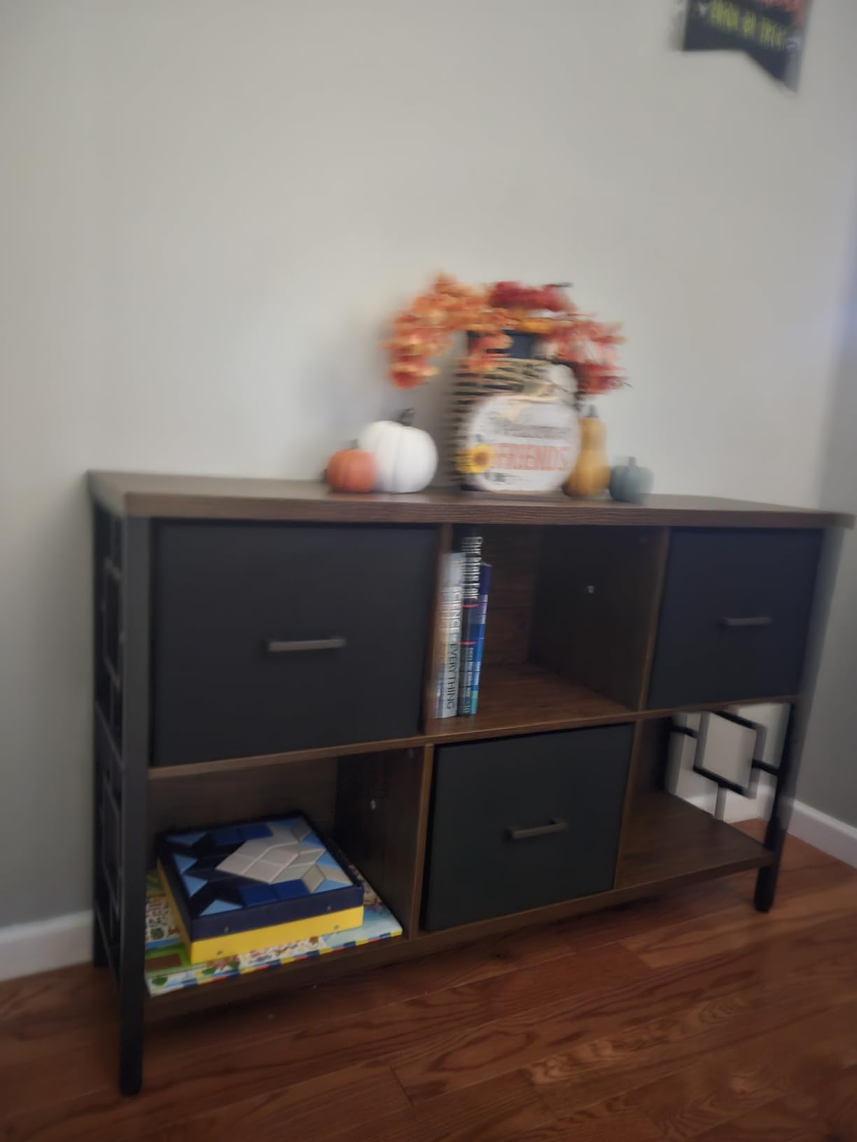 HOMISSUE 6 Cube Storage Organizer Shelf, Rustic Short Bookshelf with 3 Storage Bins, Industrial Horizontal Bookshelf with Metal Frame, Low and Wide Cube Bookcase for Living Room and Office, Brown customer photo 2