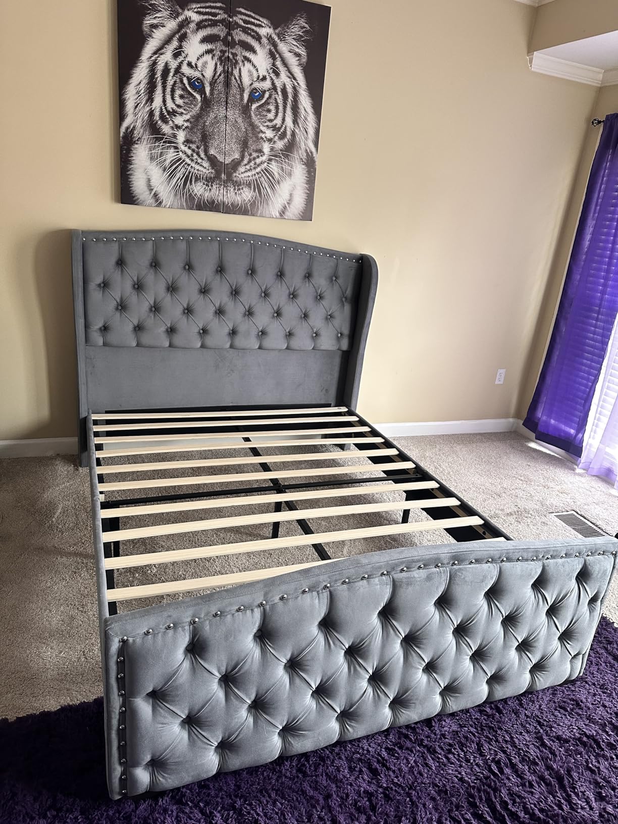 AMERLIFE King Size Platform Bed Frame, Velvet Upholstered Bed with Deep Button Tufted & Nailhead Trim Wingback Headboard/No Box Spring Needed/Black customer photo 2