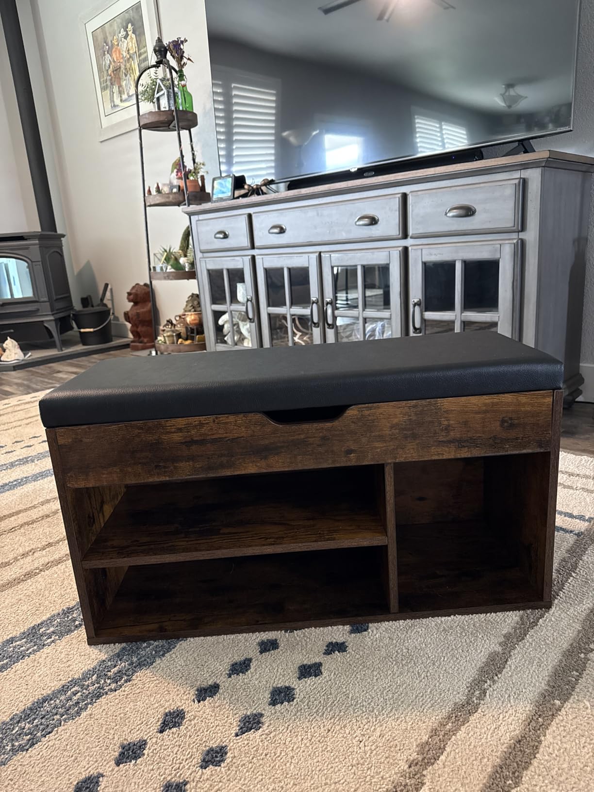 VASAGLE CUSTOS Collection - Storage Bench with Cushion, Shoe Bench, Padded Seat, Hidden Storage, Entryway, Hold up to 300 lb, 11.8 x 31.5 x 17.3 Inches, Rustic Brown and Ink Black customer photo 1