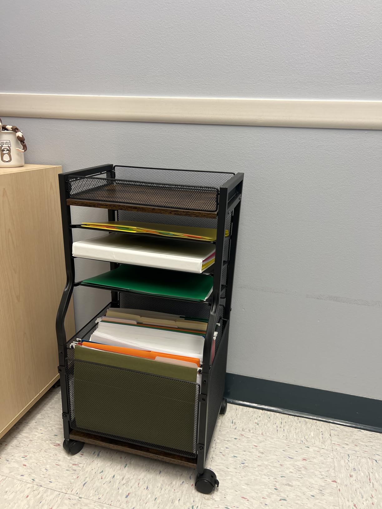5-Tier Rolling File Cart with Lockable Wheels, Mobile Desk File Organizer Hanging File Folders Paper Letter Sliding Trays, Black Wood & Mesh customer photo 1