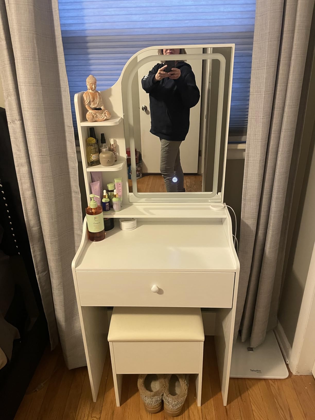 LIKIMIO Small Makeup Vanity Desk with Mirror and Lights, Vanity Table Set with Storage Drawer, Chair and Three Shelves, Bedroom, White customer photo 1