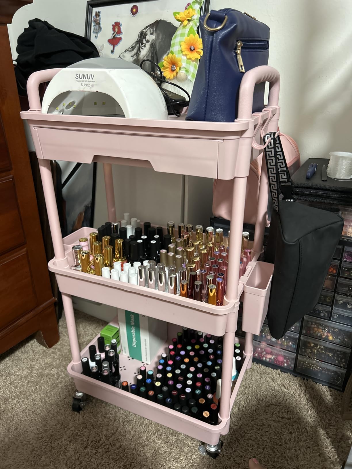 3 Tier Rolling Utility Cart with Drawer,REBECAT Utility Cart Made of Multifunctional Storage Organizer Tool for Kitchen,Bathroom,Living Room,Office(Black) customer photo 2