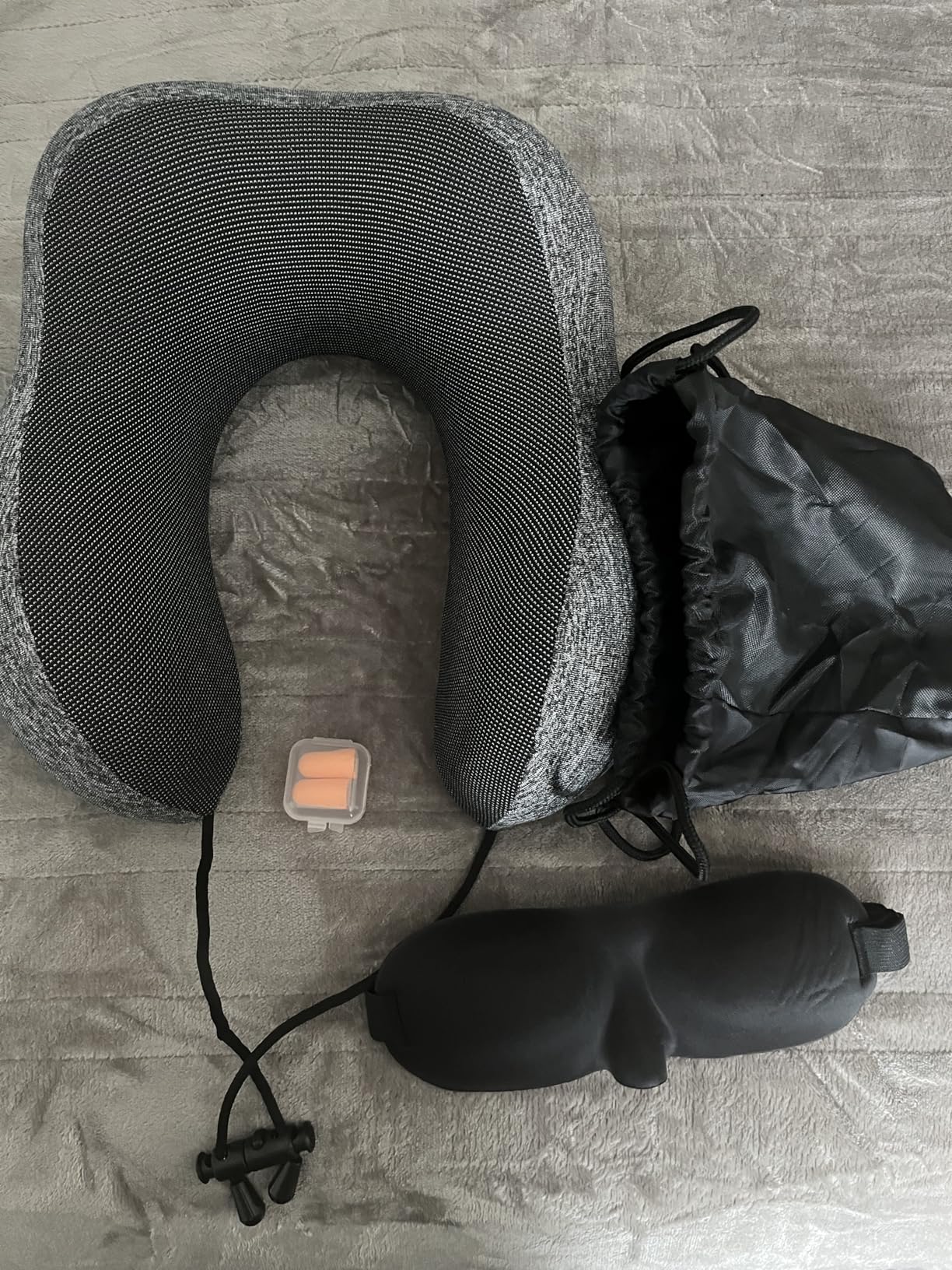 ExploreBliss Travel Pillow, Travel Pillows for Sleeping Airplane, Removable Cover Neck Pillow with Adjustable Clasp, Memory Foam Neck Pillow Set with Eye Mask, Earplugs and Storage Bag (Dark Grey) customer photo 1