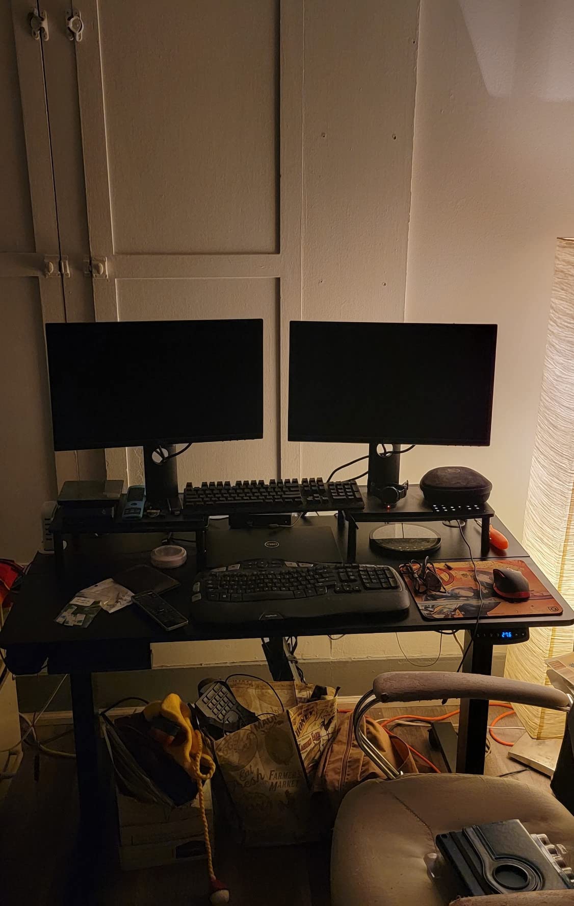 FEZIBO 66 Inch L Shaped Standing Desk with Drawers & Shelves, Executive Table Adjustable Height, Black Walnut Top/Black Frame customer photo 2