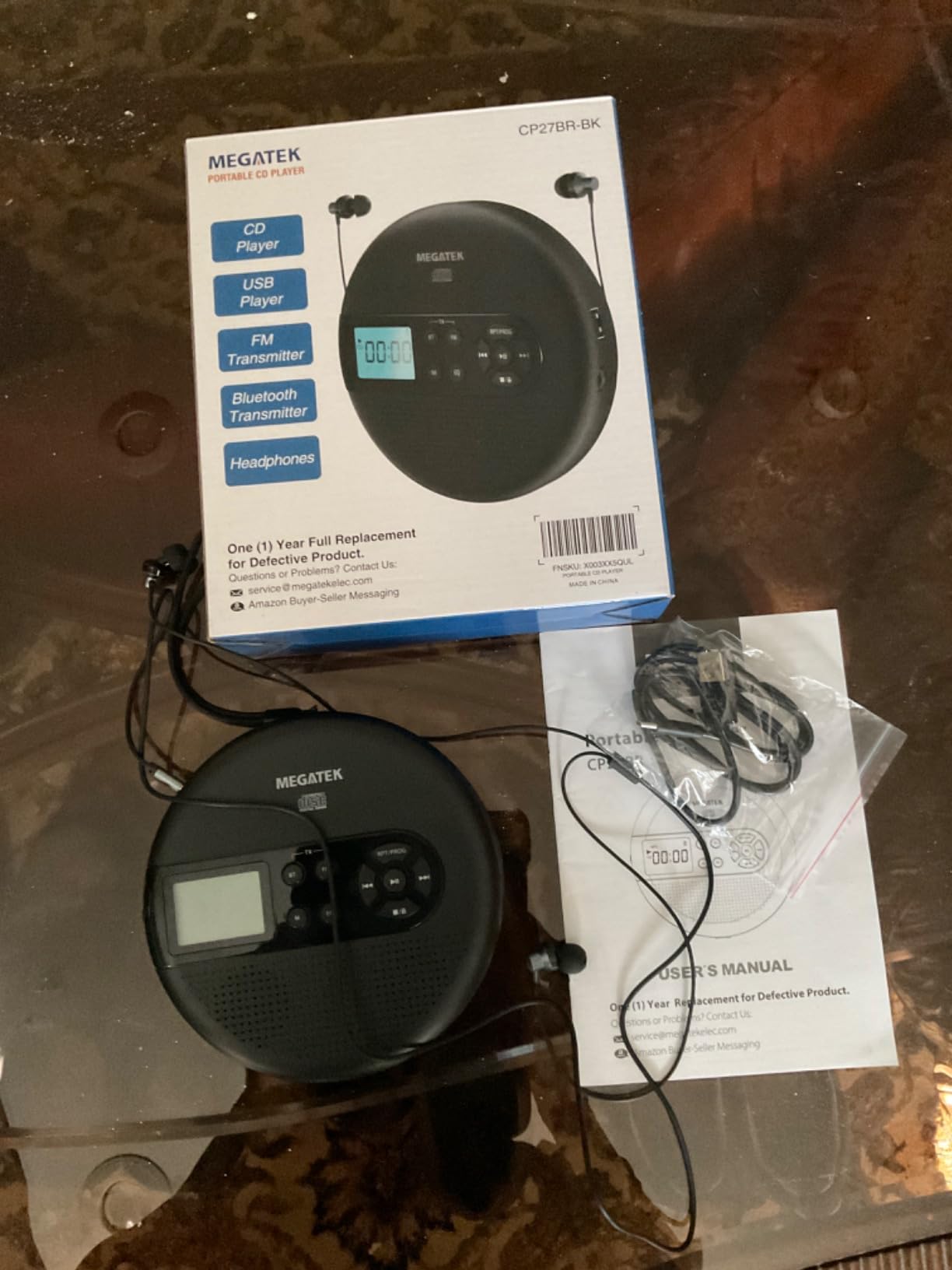 MEGATEK CP27BR Portable CD Player Bluetooth for Car with FM Transmitter, USB, AUX, LCD Display, Anti-Skip, Stereo Speakers, Headphones & Rechargeable Battery - Black customer photo 1