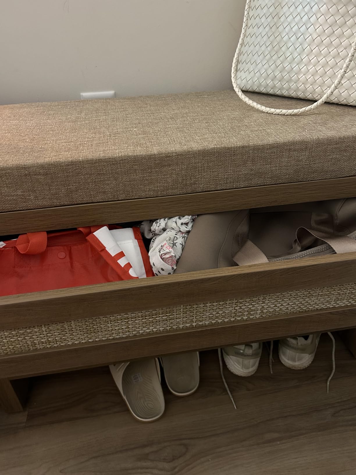 SICOTAS Rattan Shoe Bench Entryway Bench with Storage Drawer and Linen Seat Cushion, Farmhouse Boho Shoe Rack with Shelf, Wooden Storage Bench for Entryway Hallway and Bedroom, Caramel Oak customer photo 2