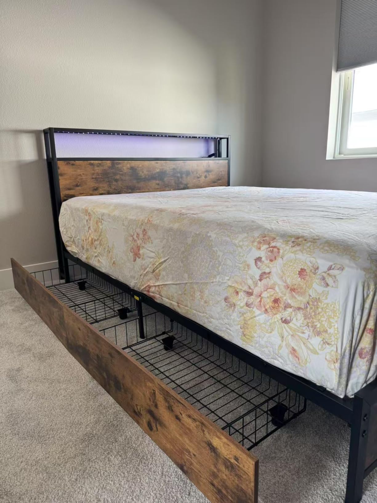 Lifezone Queen Bed Frame with 2-Tier Storage Headboard, Metal Platform Bed Frame with 4 Storage Drawers, Built in Charging Station & LED, Noise-Free/Metal Support/No Box Spring Needed, Vintage Brown customer photo 1