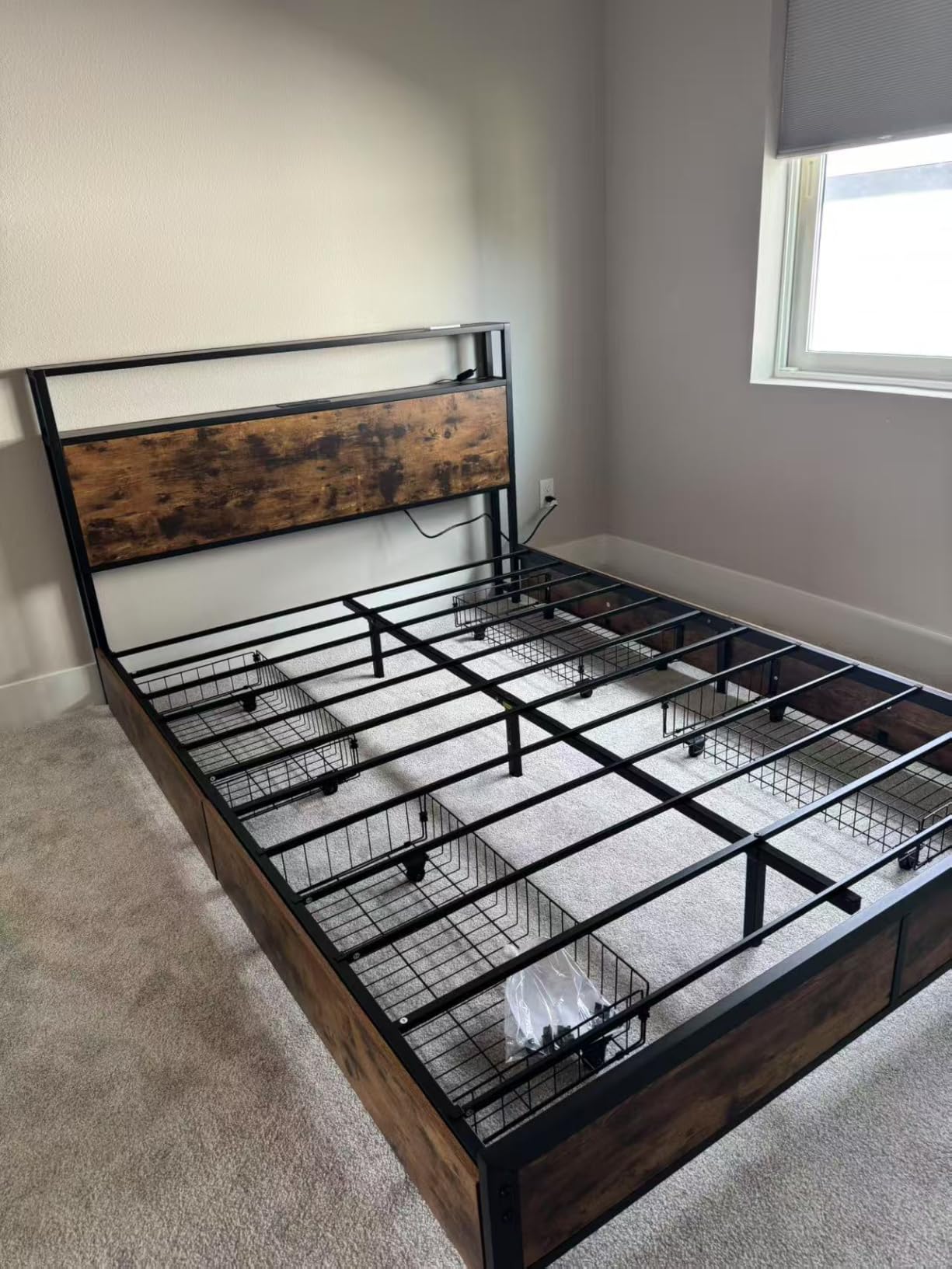 Lifezone Queen Bed Frame with 2-Tier Storage Headboard, Metal Platform Bed Frame with 4 Storage Drawers, Built in Charging Station & LED, Noise-Free/Metal Support/No Box Spring Needed, Vintage Brown customer photo 2