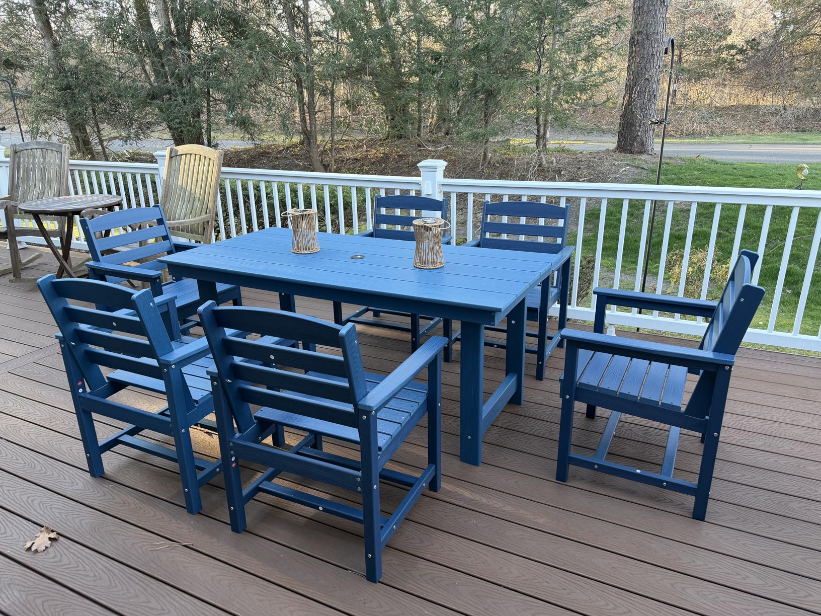 SERWALL 7-Piece Patio Dining Table Sets, Outdoor HDPE Dining Furniture Set with Umbrella Hole Cut-Out Table and 6 Chairs, Blue customer photo 1