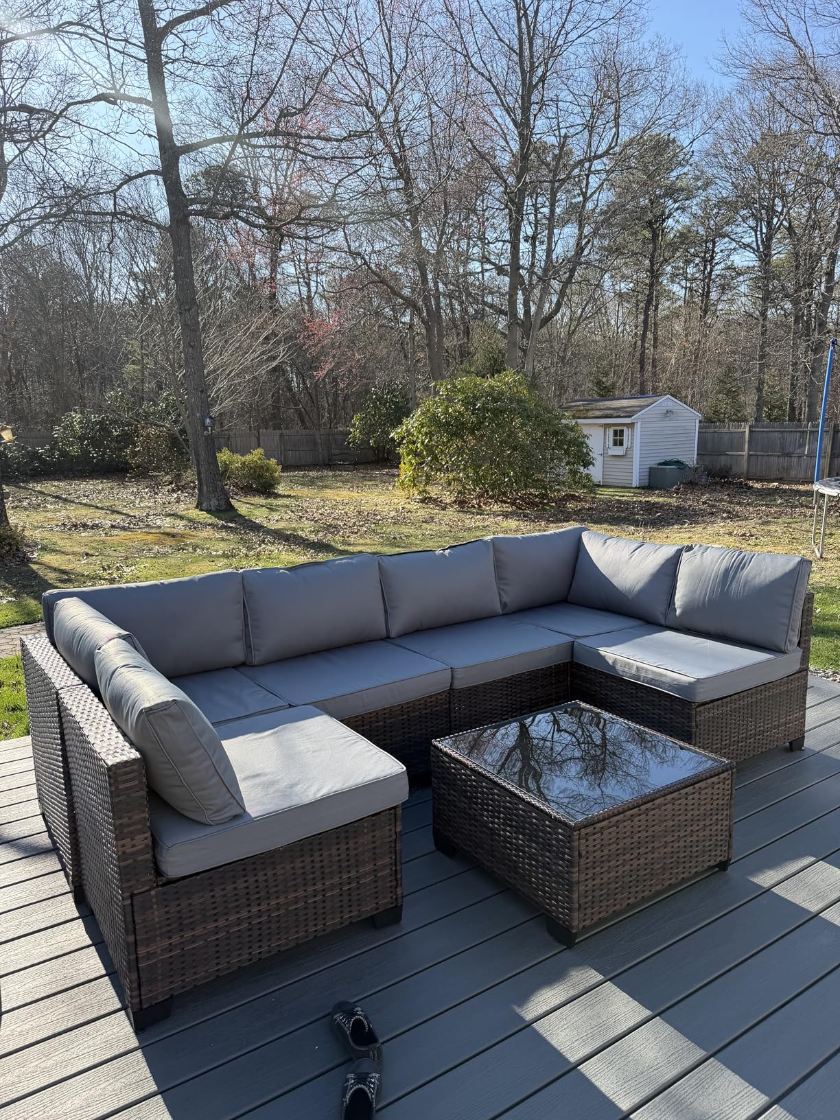 Qsun 7 Pieces Outdoor Patio Furniture Set, PE Rattan Outdoor Wicker Sectional Furniture Sofa Set, with Cushions and Glass Coffee Table, for Balcony, Porch, Garden, Grey customer photo 1