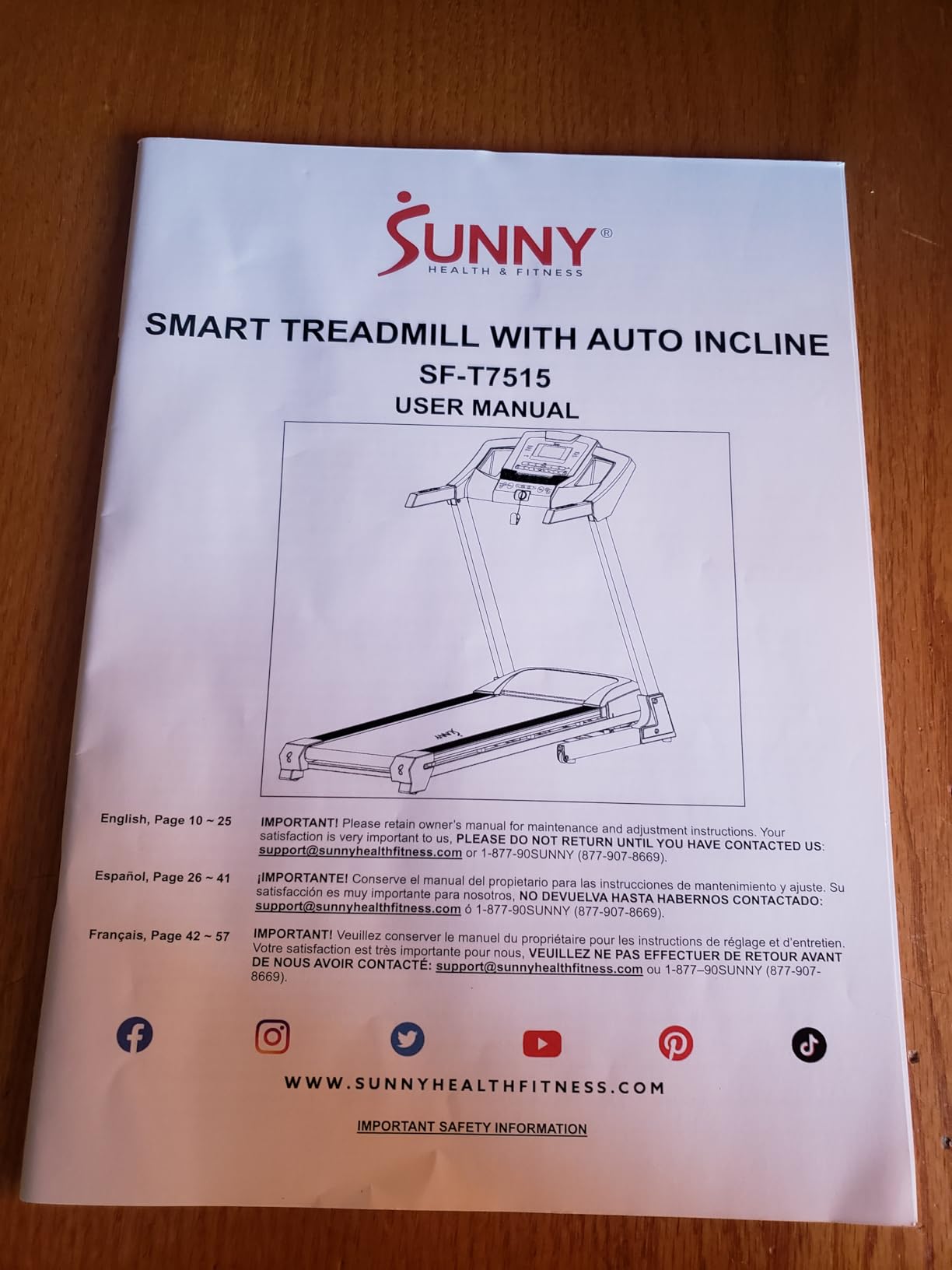 Sunny Health & Fitness Smart Auto Incline One Click Foldable Treadmill, Fully Assembled, 15 Incline Levels, 20