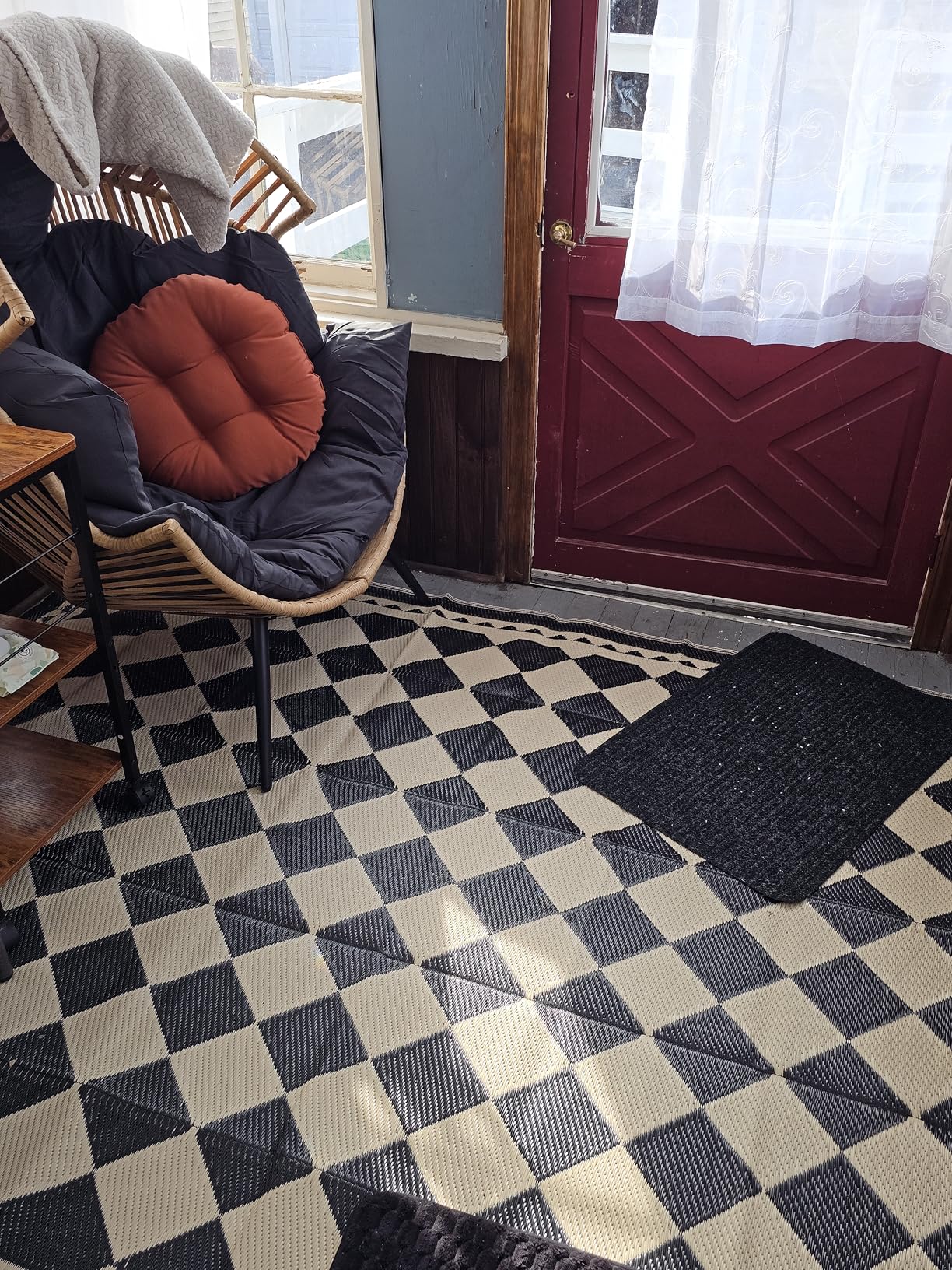 HUGEAR Outdoor Rug for Patios Clearance, Waterproof Mat, Large Outside Carpet, Reversible Plastic Straw Camping Rugs, Rv, Porch, Deck, Camper, Balcony, Backyard (9x12, Checkered/Black&Beige) customer photo 1