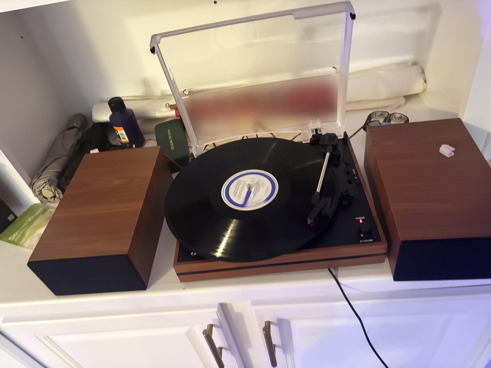 Vintage Record Player with External Speakers Belt-Drive Turntable for Vinyl Records Dual Stereo Speakers LP Players Support 3 Speed 3 Size Wireless Playback AUX Headphone Input Auto Stop Wood Red customer photo 2