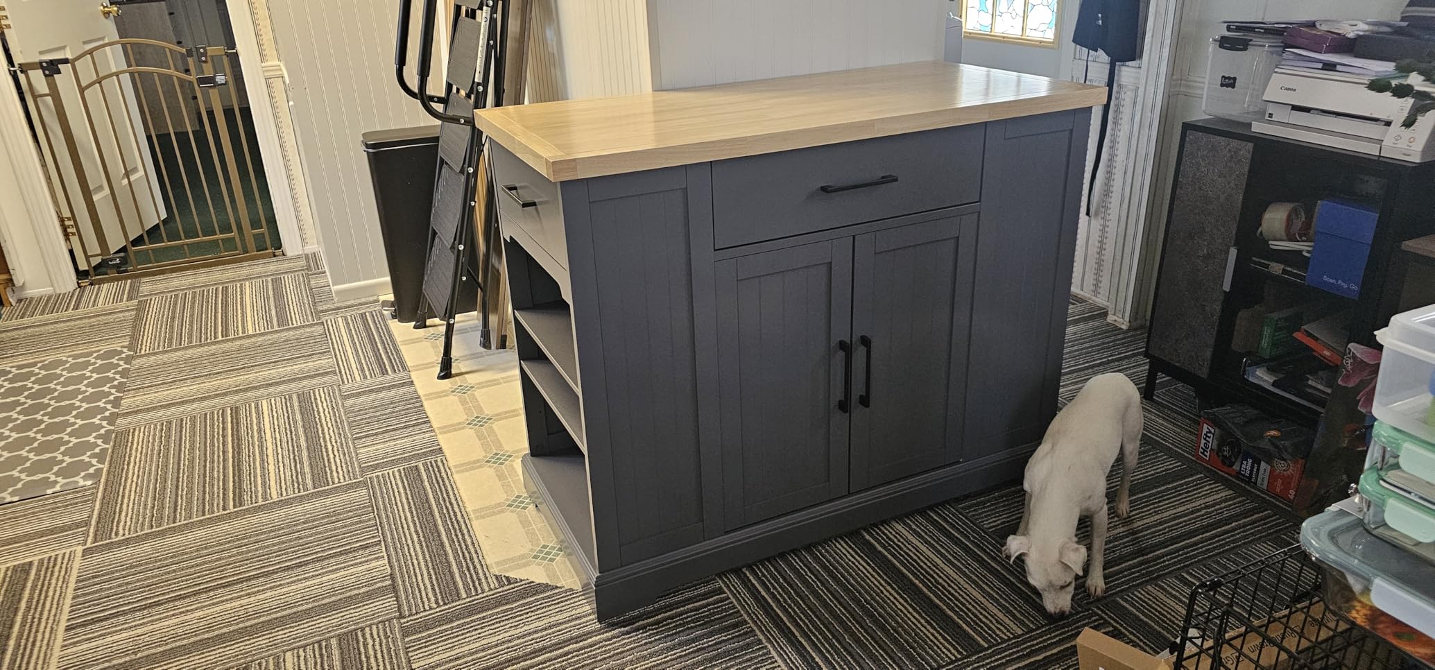 Yaheetech Rolling Kitchen Island Cart with 3 Drawers, Kitchen Storage Cabinet on Wheels with Open Shelves and Inner Adjustable Shelves for Dining Room/Living Room, Thicker Rubberwood Top, Dark Gray customer photo 1