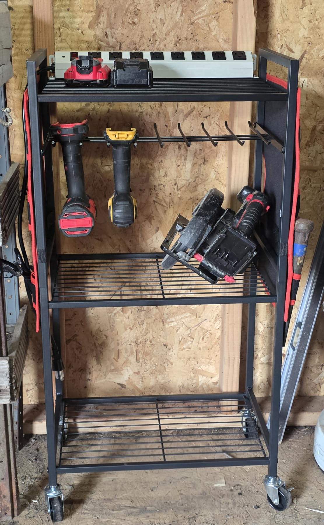 JUNNUJ Large Power Tool Organizer Cart with Charging Station, Garage Floor Standing Rolling Drill and Tools Battery Storage Cart on Wheels, Heavy Duty Utility Rack Shelf with 8 Outlet Power Strip, Red customer photo 1
