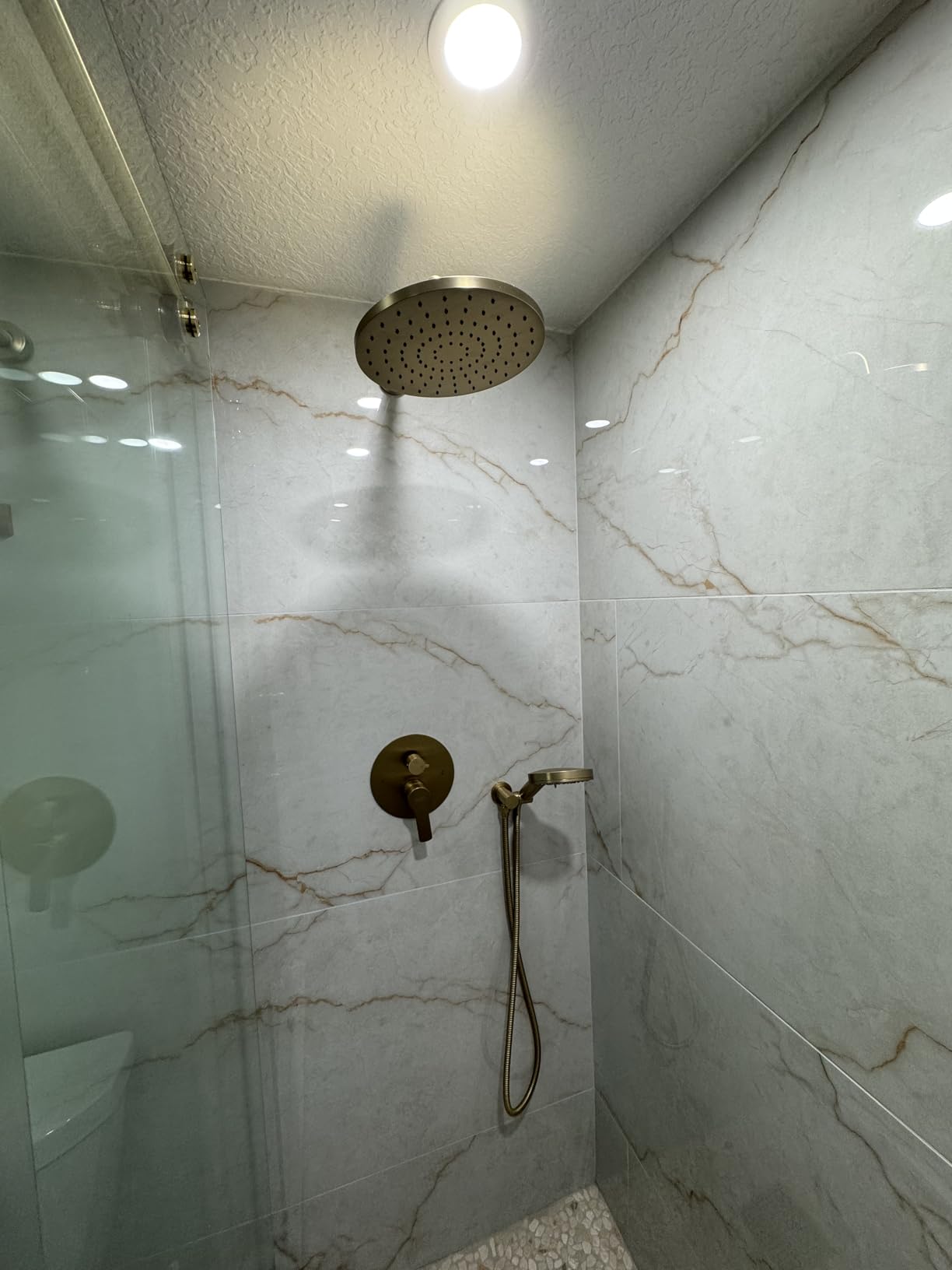 Iriber Thermostatic Shower System Wall Mount with 10 Inch Roud Rainfall Shower Head and Handheld, Shower Faucet Mixer Trim Kit (Valve Included), Brushed Gold customer photo 1
