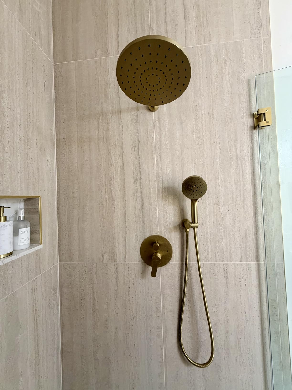 Iriber Thermostatic Shower System Wall Mount with 10 Inch Roud Rainfall Shower Head and Handheld, Shower Faucet Mixer Trim Kit (Valve Included), Brushed Gold customer photo 2