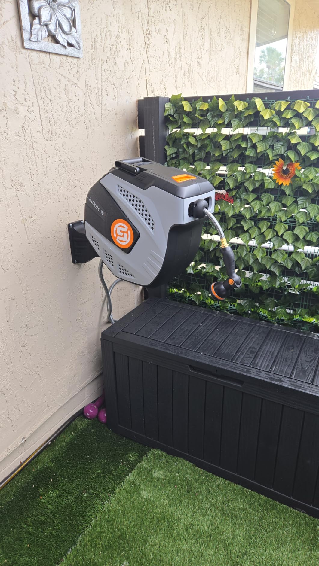 SUNPOW Retractable Garden Hose Reel - 1/2 inch x 50ft Heavy Duty Wall Mounted Hose Reel with 3/4 inch Brass Fitting & 10 Sprayer Nozzle - Any Length Lock, Auto Rewind System, 180°Swivel Bracket- Grey customer photo 2