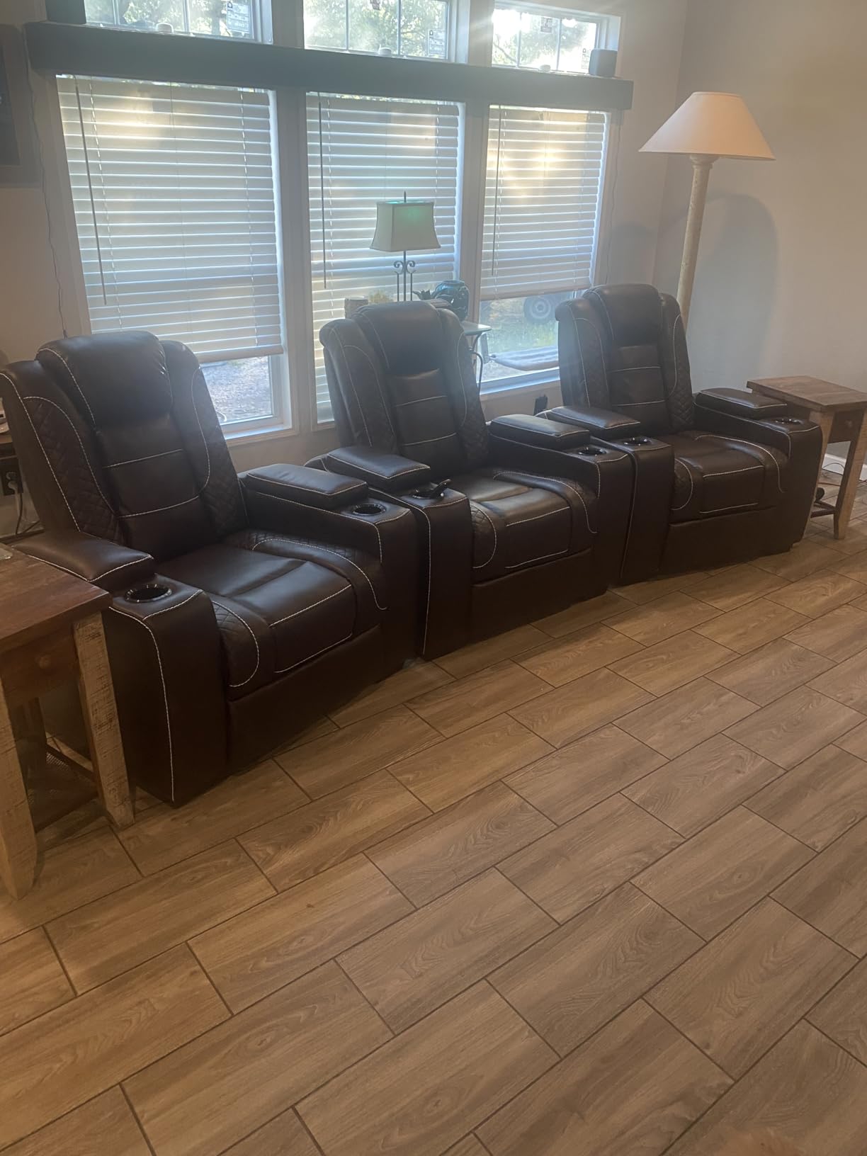 ANJ Power Home Theater Seating Recliner Chairs, PU Leather Recliner with Cup Holder, Electric Movie Theater Reclining Chairs with Adjustable Powered Headrest, LED Lights, Hidden Arm Storage (Brown) customer photo 1