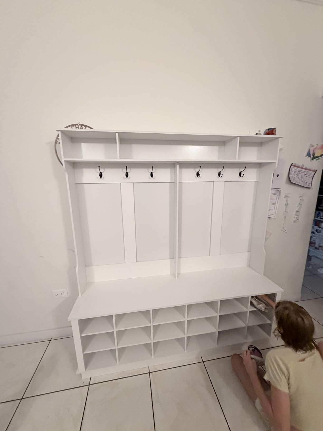 WOODTIME Extra Large Hall Tree with Bench and Shoe Storage, Multi-Purpose Entryway Bench with Coat Rack, Adjustable Shelves, 6 Double Hooks and 21 Open Compartments, White customer photo 2