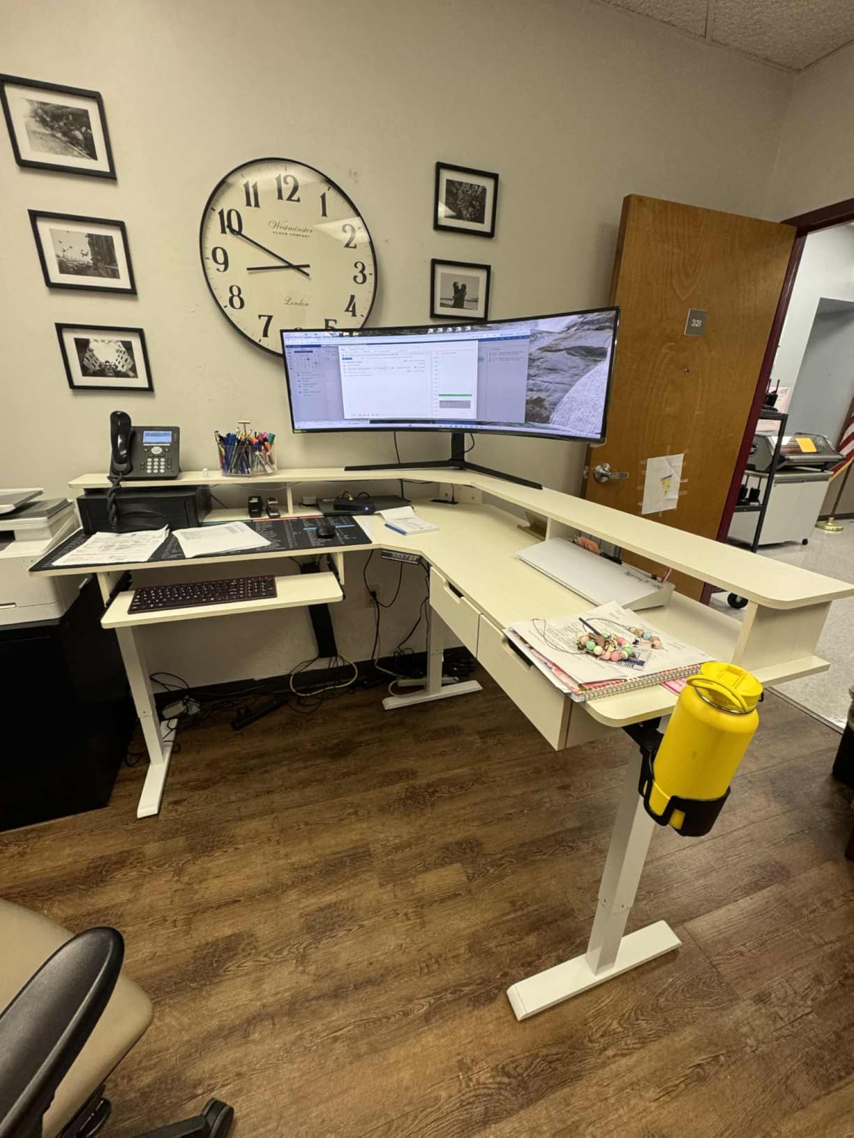 RedLemon 60 Inches L Shaped Electric Standing Desk, Height Adjustable Corner Gaming Desk with Drawers, Keyboard Tray, Power Outlets & LED Lights, Computer Desk with Monitor Shelf, Antique White customer photo 1