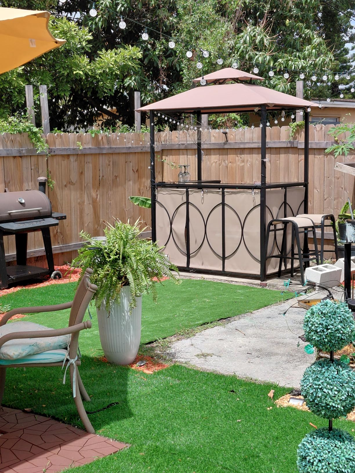 Tangkula 3-Piece Patio Bar Set, Grill Gazebo & 2 Bar Stools with Tempered Glass Bar Table, Metal Storage Shelves, Glass Holders, Double-Tier Soft Top Canopy BBQ Gazebo Shelter for Patio Garden (Brown) customer photo 2