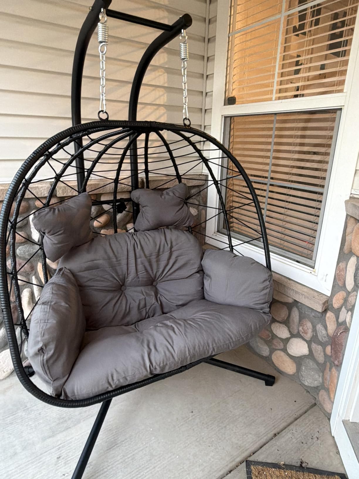 Double Egg Chair with Stand Hammock Swing Chair Foldable Hanging Loveseat, UV Resistant Removable Cushions, 700LBS Capacity for Bedroom, Balcony, Garden (BK-GR) customer photo 1