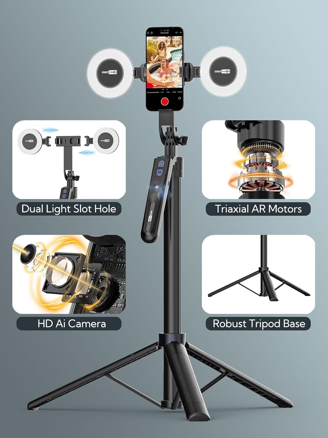 USKEYVISION Auto Face Tracking Tripod 360 Rotation, Phone Tripod for iPhone with Fill Light, Selfie Stick for iPhone with Remote Control, 70 Phone Holder Video Recording customer photo 2