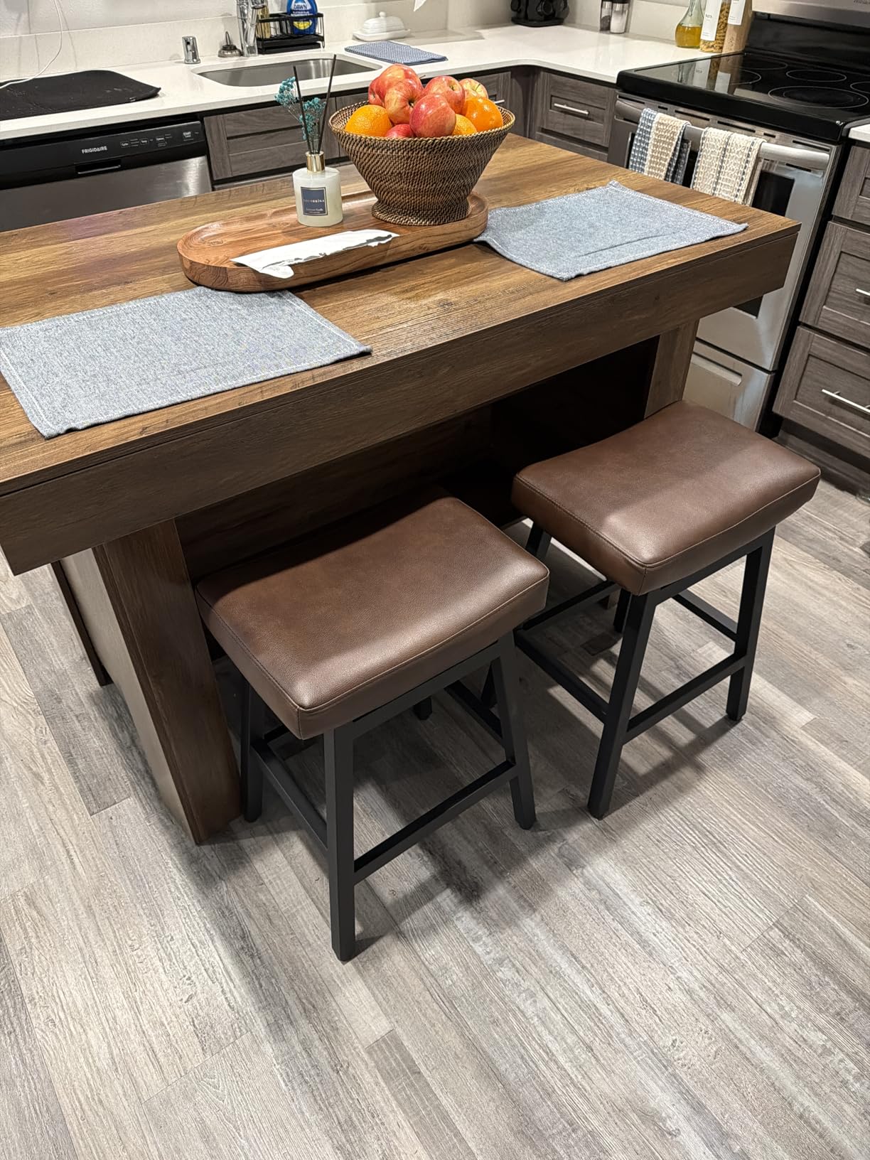Raynesys Counter Height Bar Stools Set of 2, 24 Inch Barstools for Kitchen Counter, Kitchen Stools with Bonded Leather Saddle Seats & Heavy Duty Metal Legs, Easy Assembly, All Black customer photo 2