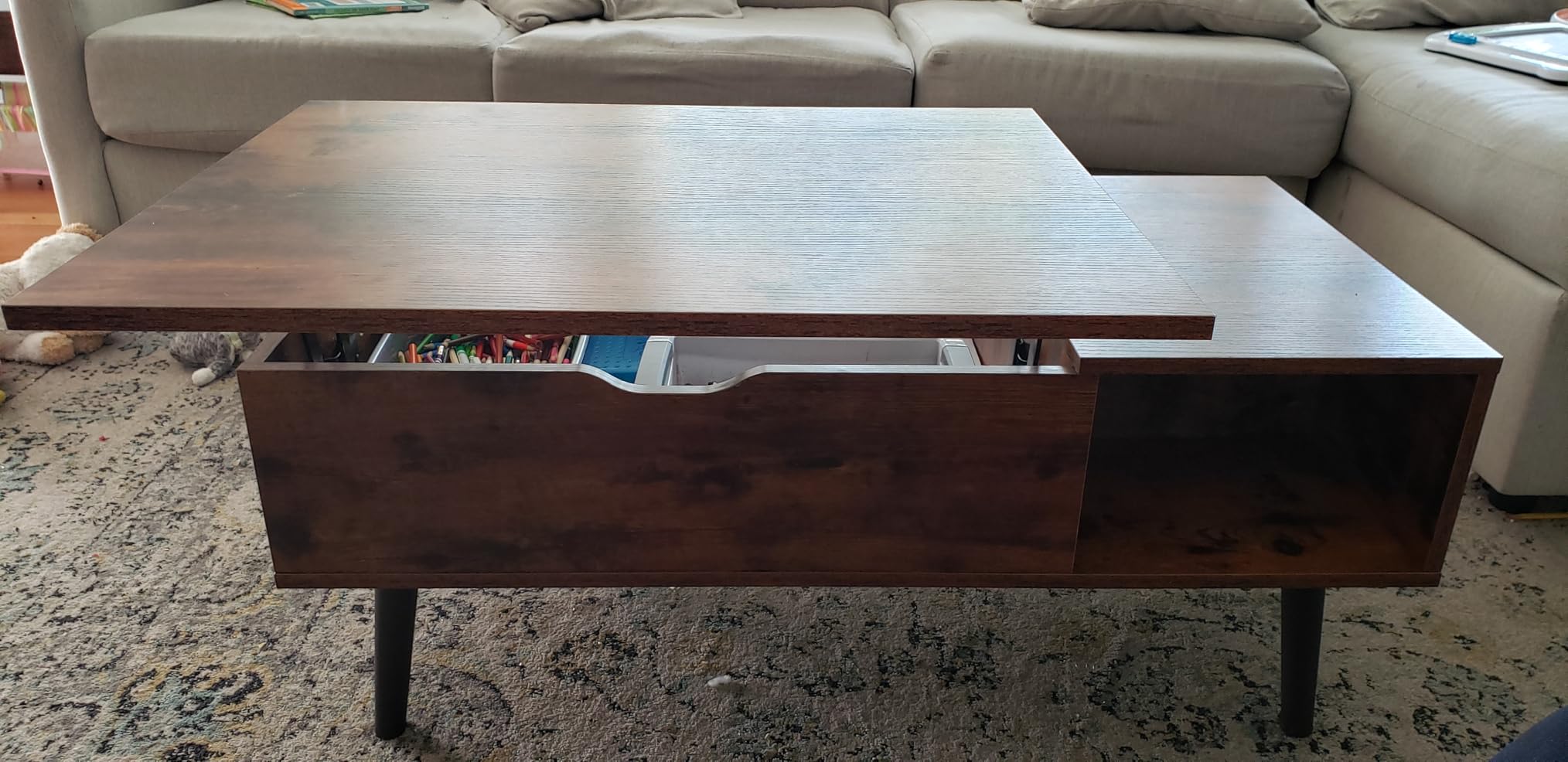 Sweetcrispy Lift Top Coffee Tables for Living Room, Small Rising Wooden Center Tables with Storage Shelf and Hidden Compartment, Brown customer photo 1