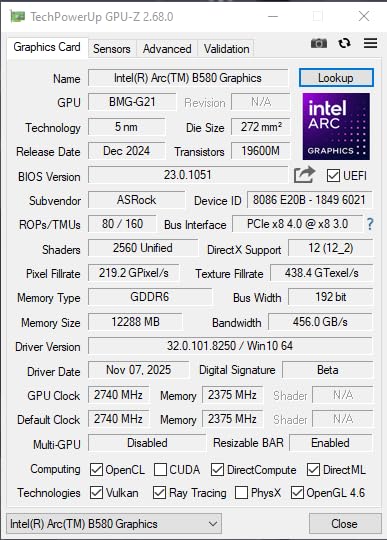 ASRock Intel Arc B580 Challenger 12GB OC Graphics Card, 2740 MHz GPU Clock, 12GB GDDR6, DisplayPort 2.1, HDMI 2.1a, Dual Fan Cooling customer photo 1