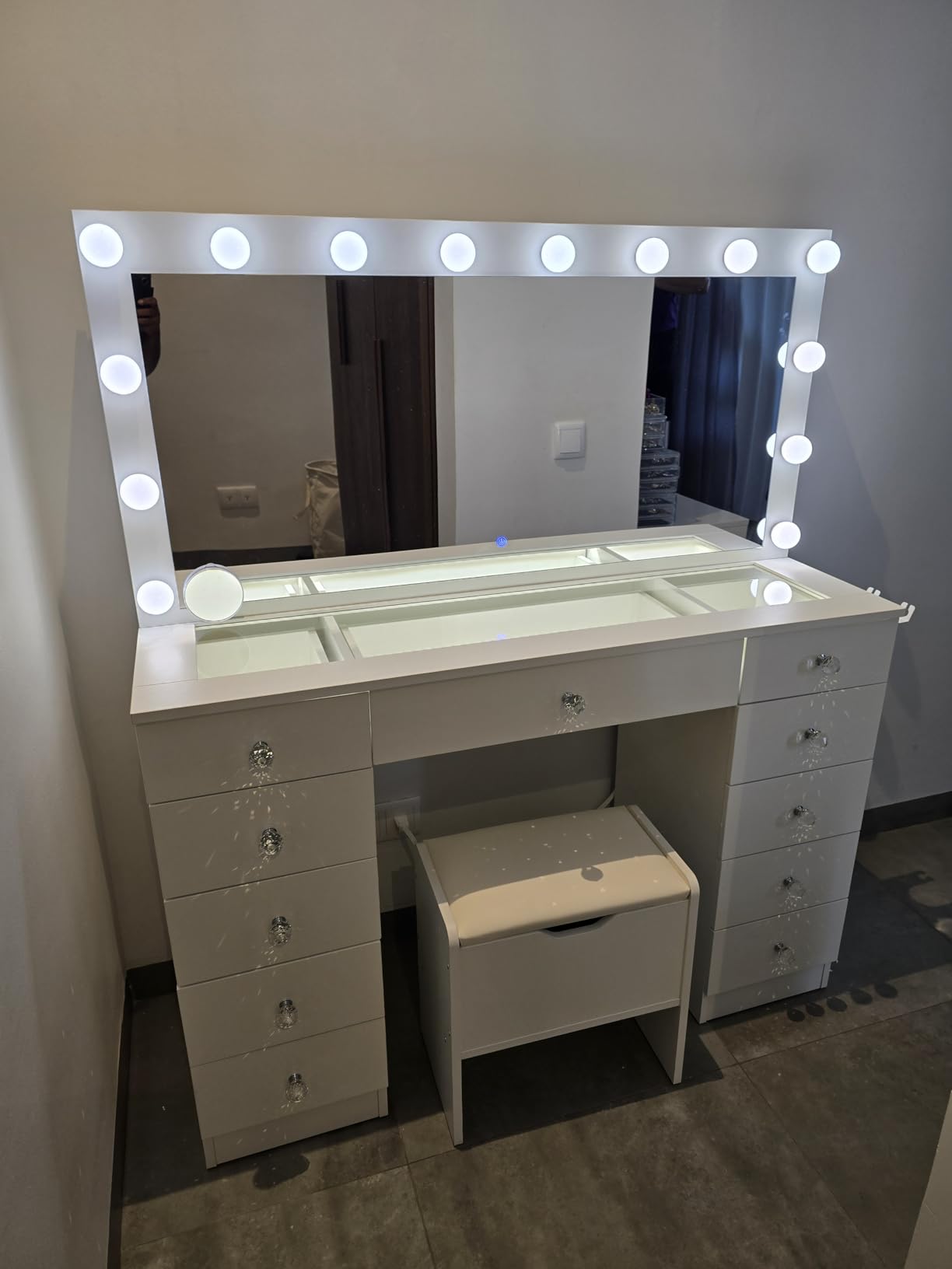 VOWNER Vanity with Lighted Mirror - Makeup Vanity Desk with Glass Top and 11 Drawers, 3 Color Lighting Modes Adjustable Brightness, 46