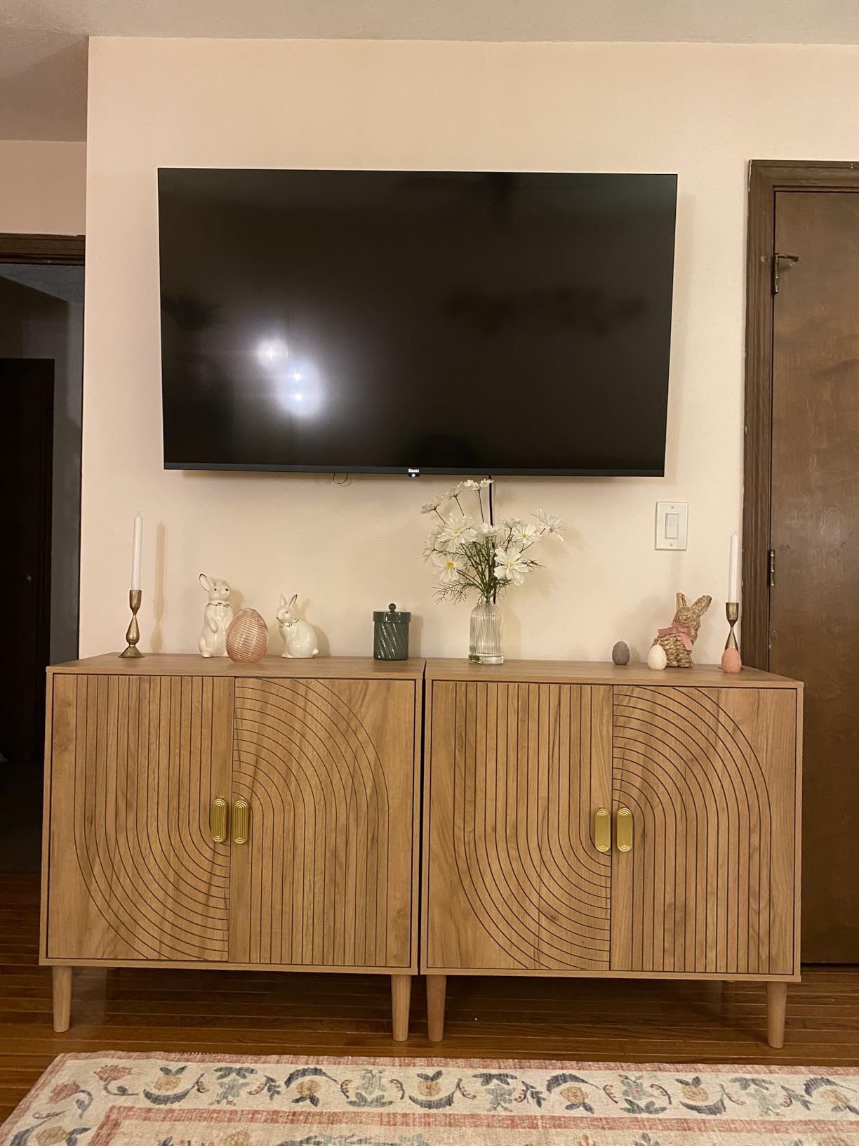 Smuxee Walnut Sideboard Cabinet, Freestanding Buffet Cabinet with Line Groove Design, Wood Storage Cabinet with Adjustable Shelf for Living Room, Entryway, Hallway customer photo 1