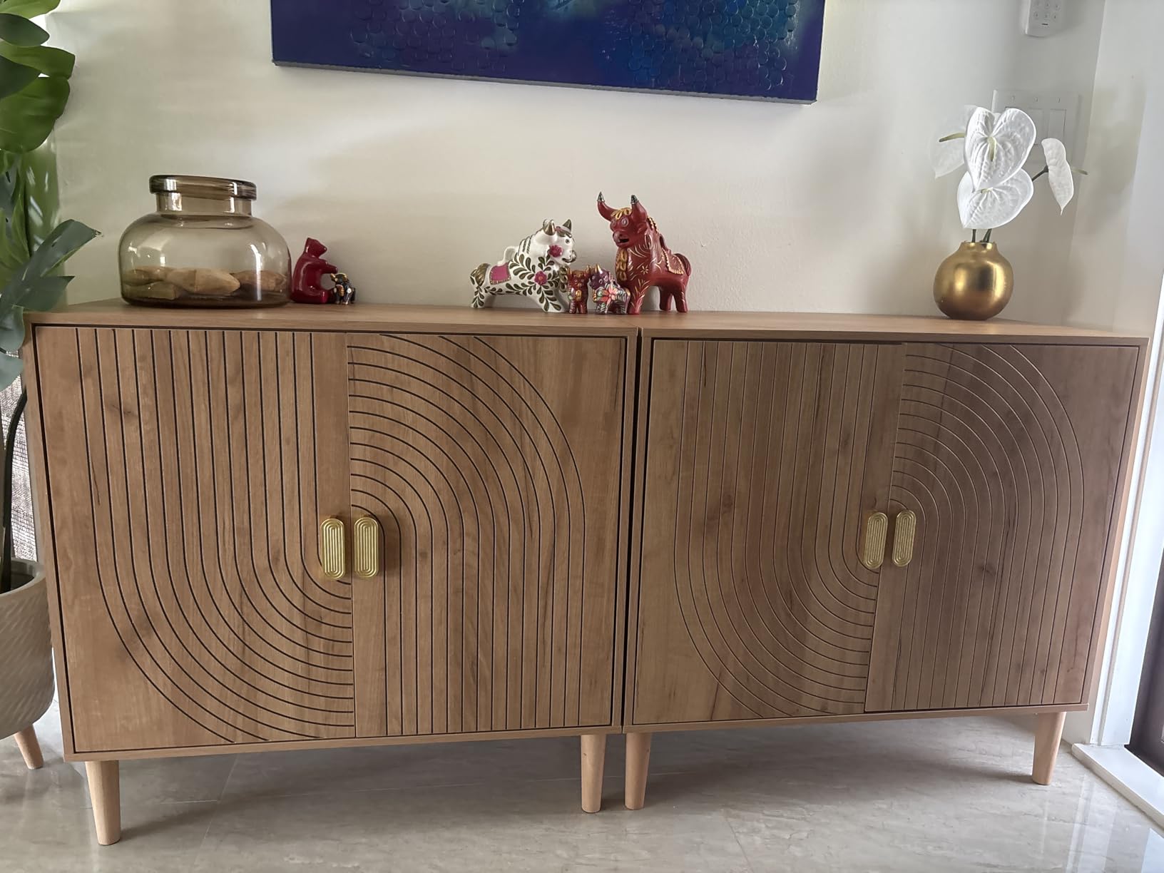Smuxee Walnut Sideboard Cabinet, Freestanding Buffet Cabinet with Line Groove Design, Wood Storage Cabinet with Adjustable Shelf for Living Room, Entryway, Hallway customer photo 2