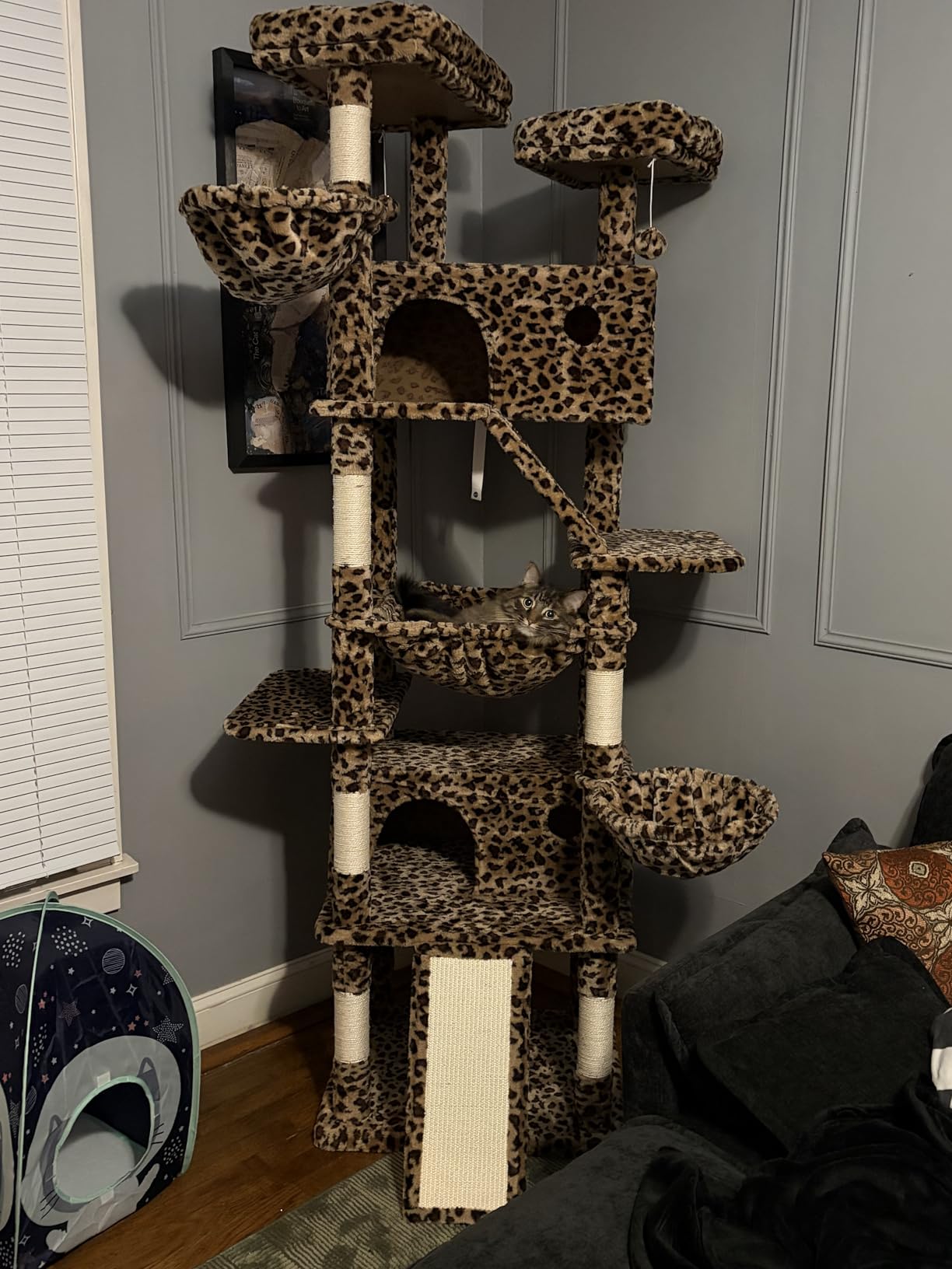 Allewie 81 Inches Tall Cat Tree/Multi-Level Large Climbing Tree House and Towers for Big Feline/Condo and Hammock/Scratching Post/Wide Base/Dark Grey customer photo 2