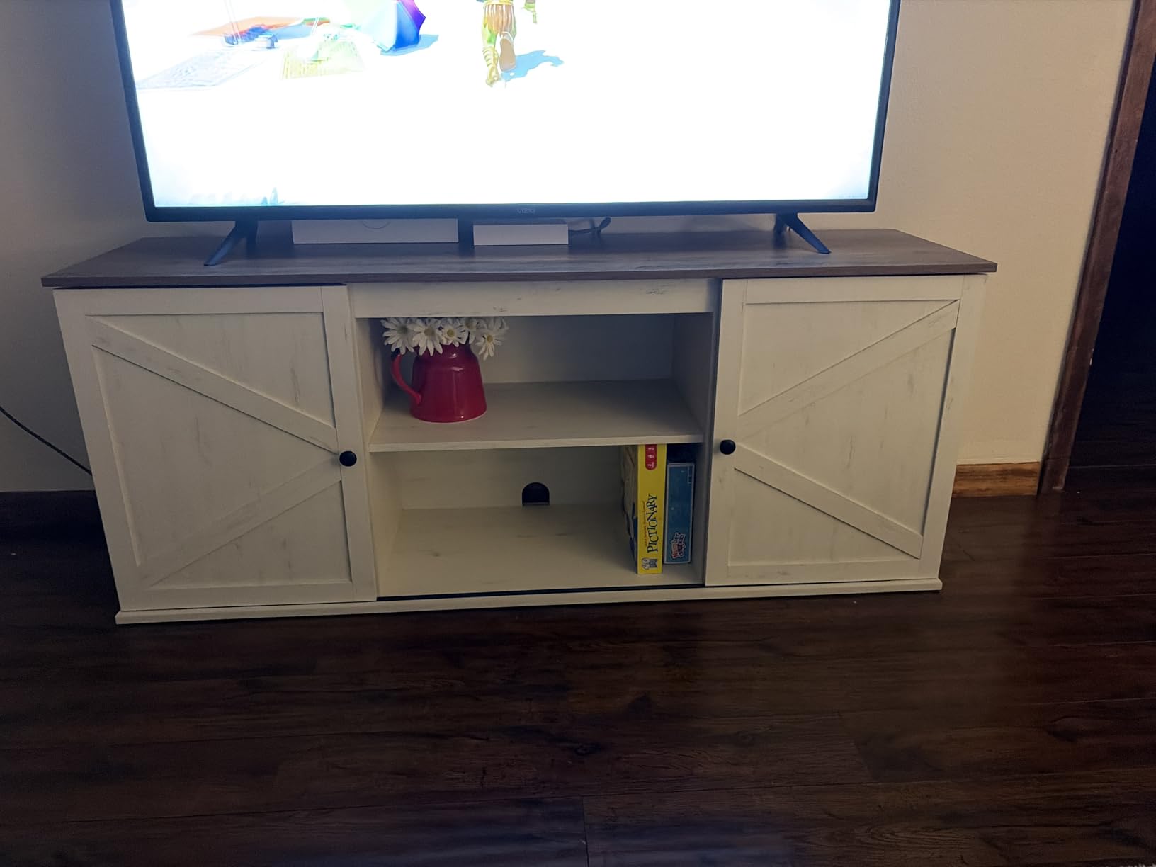 VASAGLE Farmhouse TV Stand for TVs up to 65 Inches, Entertainment Center with Storage Cabinets and Sliding Barn Doors, Media Console Table for Living Room, Rustic White and Honey Brown ULTV535W01 customer photo 2