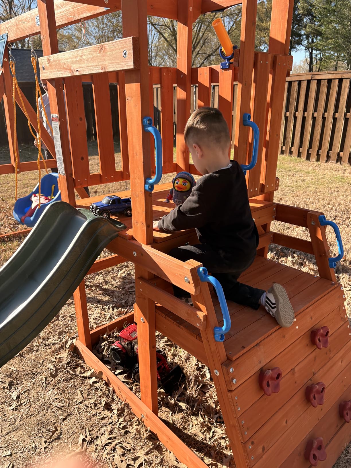 ROBUD Swing Sets for Backyard, Wooden Swing Set, All-in-One Kids Outdoor Play Equipment with Two Swings, Slide, Rock Climbing Wall, Blackboard, Telescope, Fort, Outdoor Playset for Kids & Toddlers customer photo 1