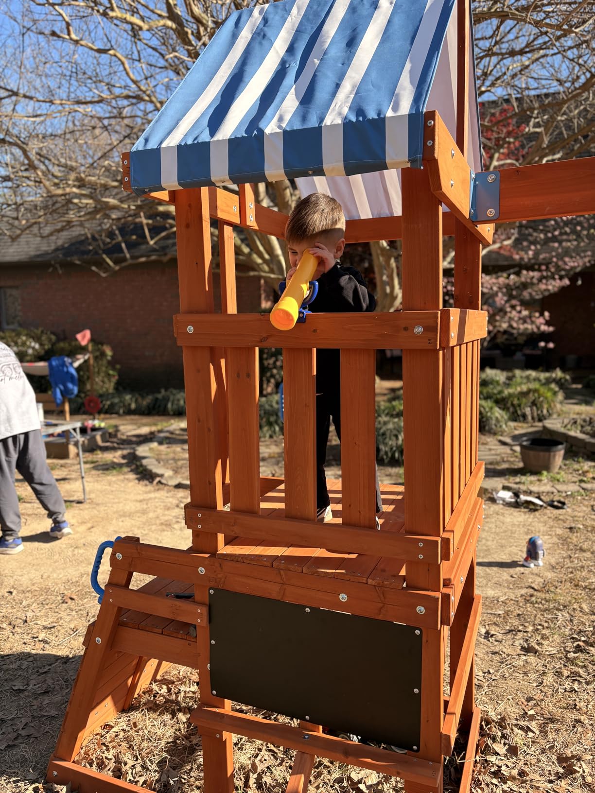 ROBUD Swing Sets for Backyard, Wooden Swing Set, All-in-One Kids Outdoor Play Equipment with Two Swings, Slide, Rock Climbing Wall, Blackboard, Telescope, Fort, Outdoor Playset for Kids & Toddlers customer photo 2