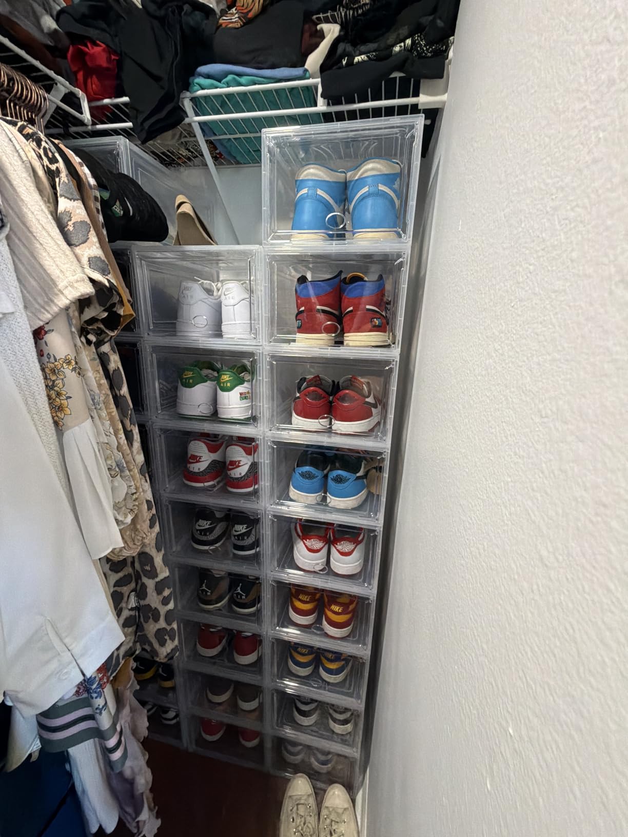 12 Pack Clear Shoe Storage Organizer with Magnetic Door,Stackable Plastic Shoe Boxes for Sneakers,Boots,and Heels,Space-Saving Foldable Shoe Rack for Closet,Durable Shoe Cabinet Organizer,White customer photo 1