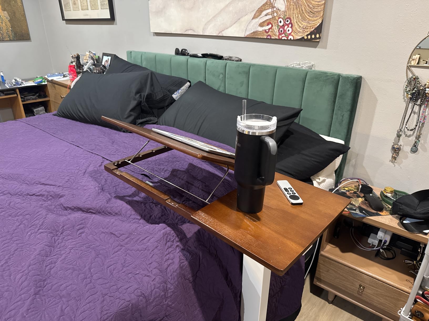 Solid Wood Overbed Bedside Table with Wheels, Adjustable Medical Tilt Top Hospital Bed Table Over The Bed, Rolling Laptop Desk, Mobile Standing Desk for Hospital and Home Use (Walnut) customer photo 2