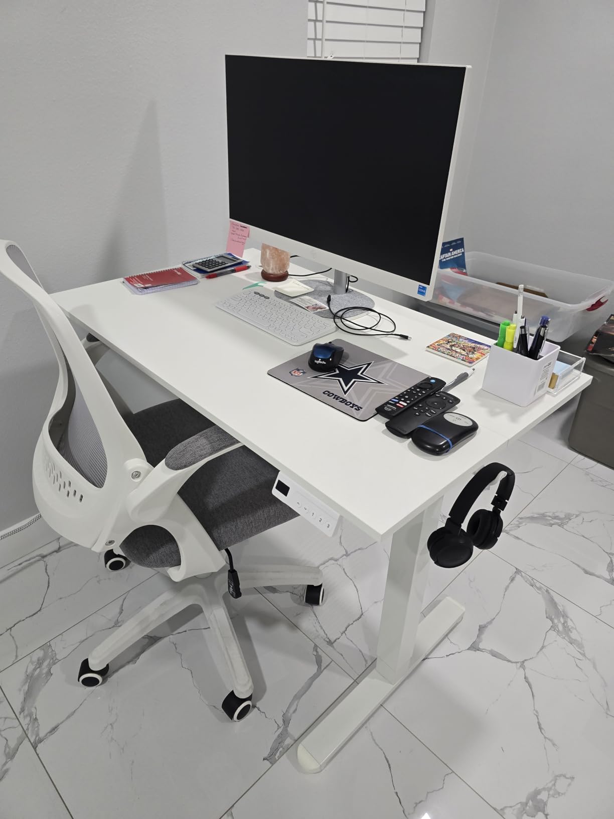 YDN Electric Standing Desk Adjustable Height, 40 x 24 Inches Stand up Desk with Cable Management, Home Office Desks with Splice Board & White Frame, White Top customer photo 2